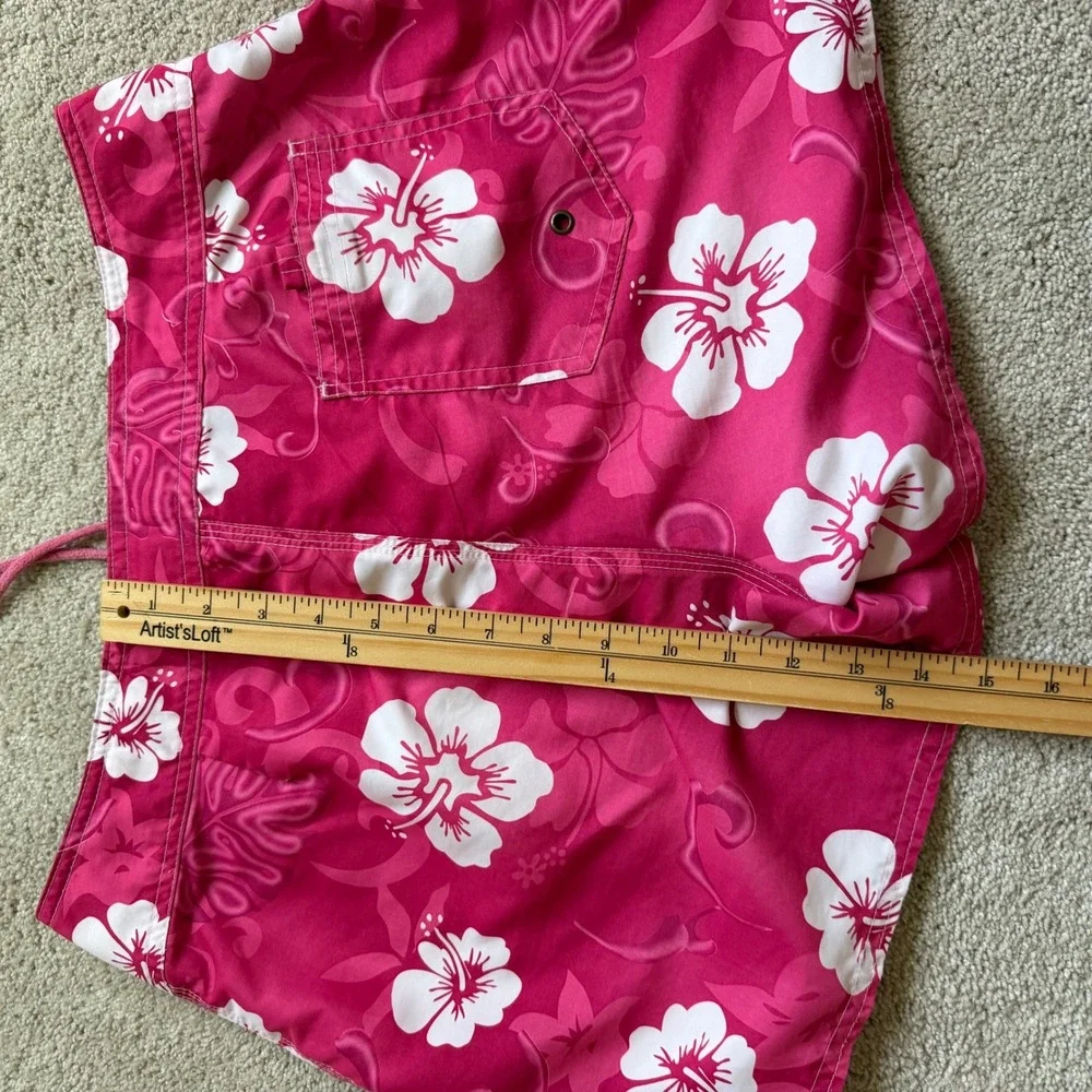 90's Hawaii Pink White Hibiscus Floral Board Shorts Swim Trunks Women Size 11